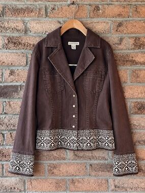 STETSON Brown Embroidered Western Denim Jacket Medium Y2K Cowgirl Boho